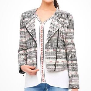 Foxcroft Black & Ivory Fully Lined Tapestry Jacquard Moto Jacket Modern Crop M